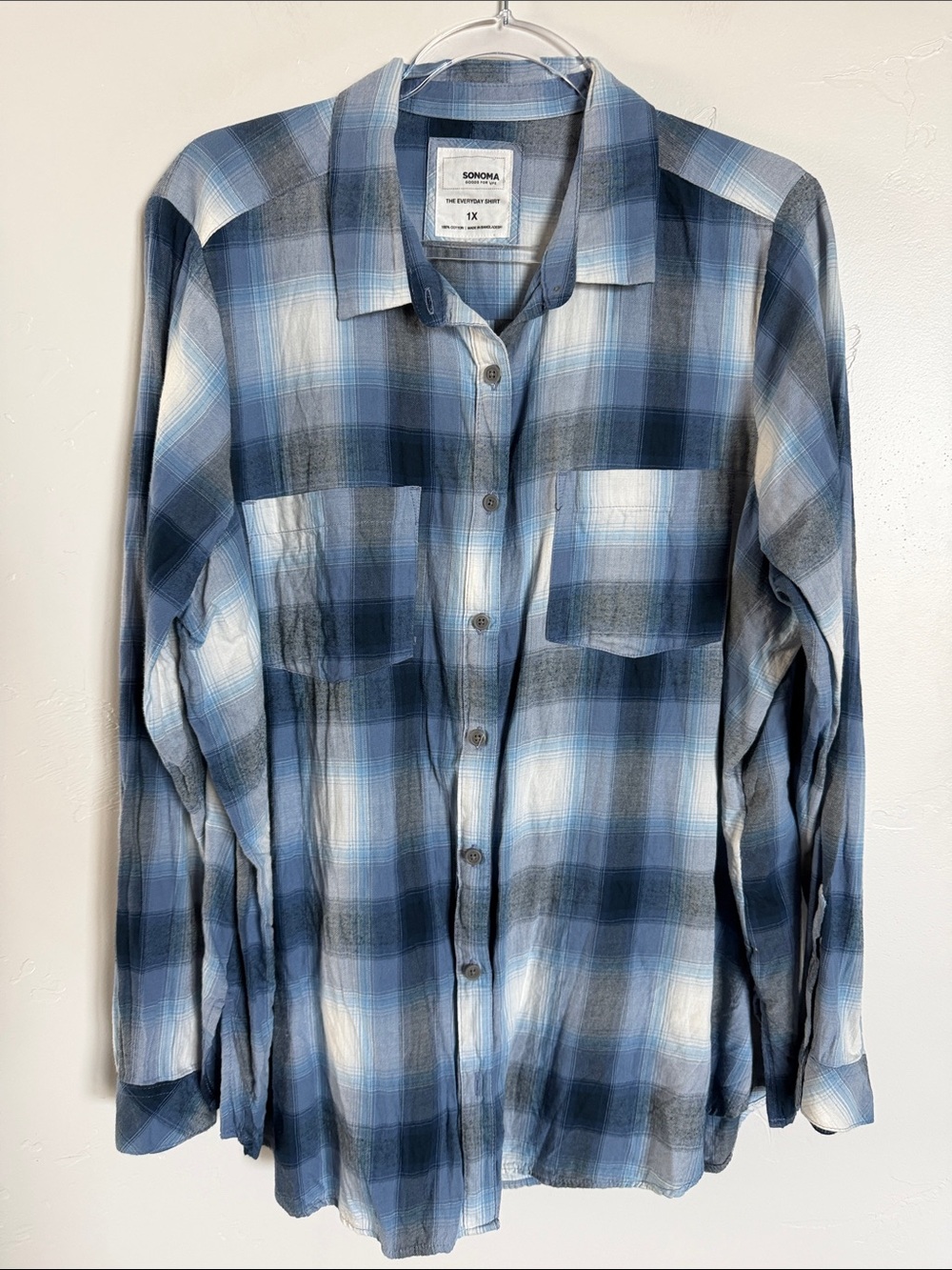 Sonoma Cotton Blue and White Plaid Women's Button-Down Shirt